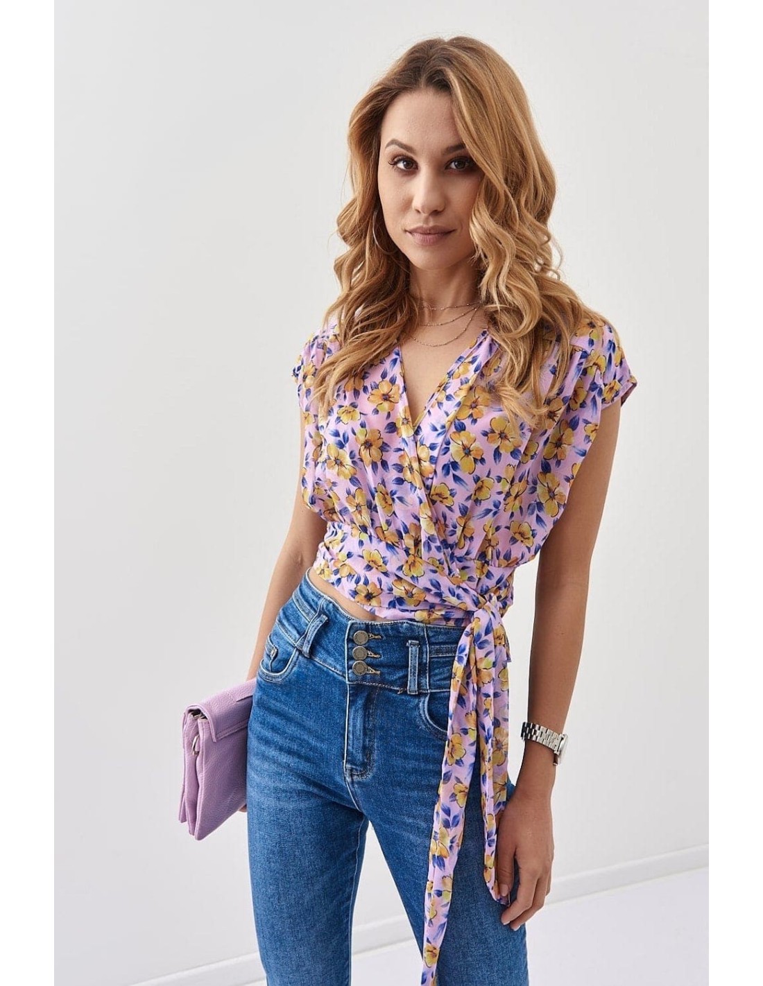 Bluza din sifon cu cravate imprimeu floral, liliac si galben 20450 - Magazin online - Boutique